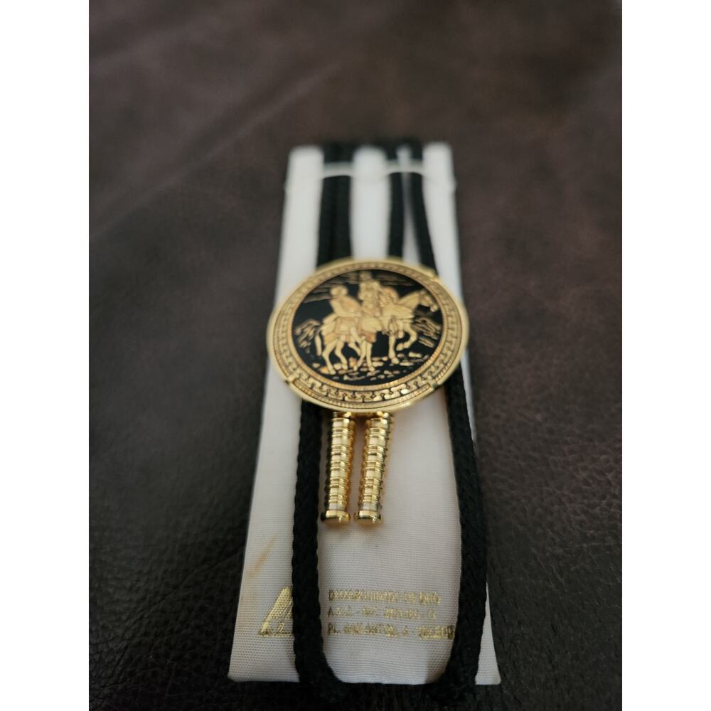 Vtg Spanish Damascene Men on Horse Gold/Black Bolo Tie New